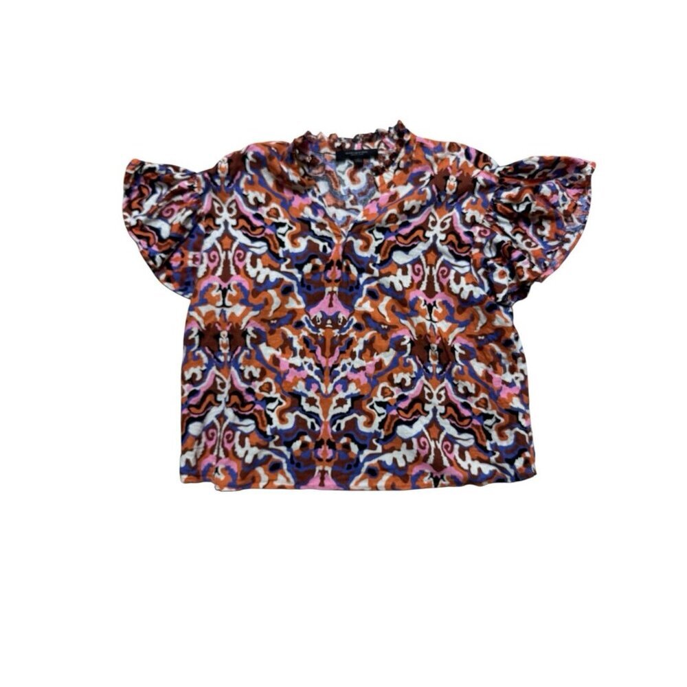 Marc New York Linen Blend Printed Flutter Sleeve Top Boho Women L